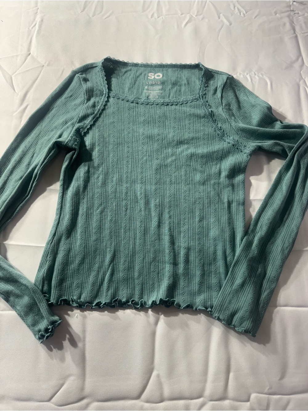 SO Girls Large Long Sleeve Square Neck Ribbed Knit Top in Green